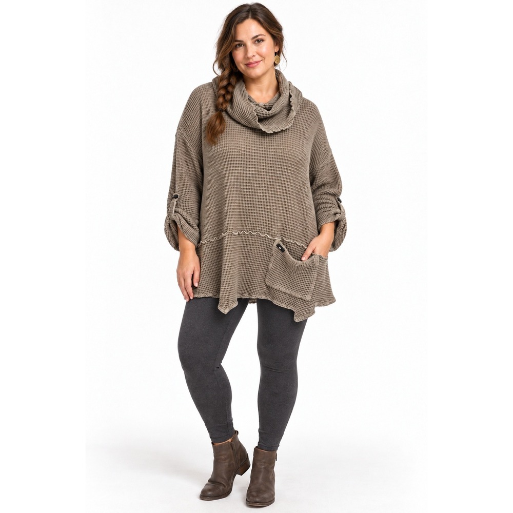 Waffle Knit Tunic Womens XL Taupe Cowl Neck Pockets Lagenlook Earthy Boho Cozy